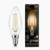 Gauss Filament лампа Свеча E14 5W(420lm) 2700K 2K 97x35 филамент (нитевидная), прозр. 103801105