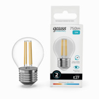 Gauss Elementary Filament Шар Е27 12W(750lm) 4100К 76х45 филамент (нитевидная), прозр 52222