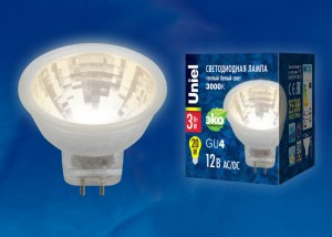 Uniel G4 MR11 12V 3W(200lm 110°) 3000K 2K пластик 35x35 без стекла LED-MR11-3W/WW/GU4 GLZ21TR