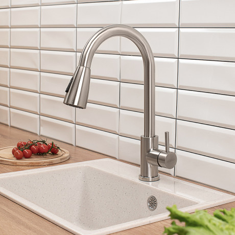 СоюзКран Смеситель для кухни, выдвижной излив 40см, керам. картридж 35мм, нерж. сталь, SS01-E132