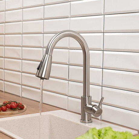 СоюзКран Смеситель для кухни, выдвижной излив 40см, керам. картридж 35мм, нерж. сталь, SS01-E132