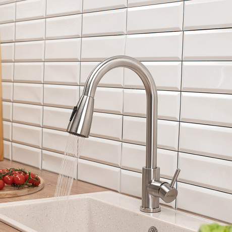 СоюзКран Смеситель для кухни, выдвижной излив 40см, керам. картридж 35мм, нерж. сталь, SS01-E132