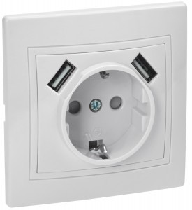 IEK KVARTA роз. СУ 1 мест. USBх2 2,1А 16А (земля) (шторки) РЮш10-1-КБ бел. KV-R14-16-U2-K01