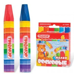 Мелки восковые  утолщенные ПИФАГОР  6 цв., на масляной основе, яркие цвета, 222969