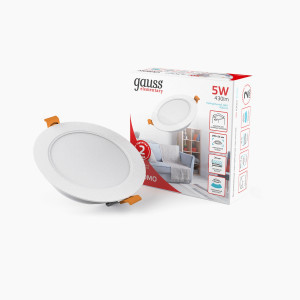 Gauss Elementary Downlight св-к встр. даунлайт круг бел 5W 430lm 4000K 4K IP20 95x26 d75 9100420205