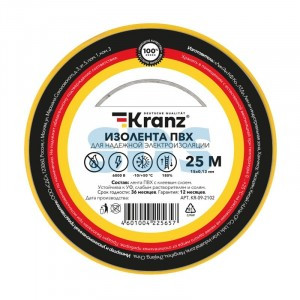 KRANZ Изолента ПВХ 15/25 0.13х15мм 25 метров желтая (5 шт/уп) цена за рулон (5!)  KR-09-2102