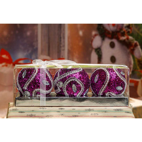 Шар Т025-4 3шт 8см фуксия украшен:сереб.пайетки х128