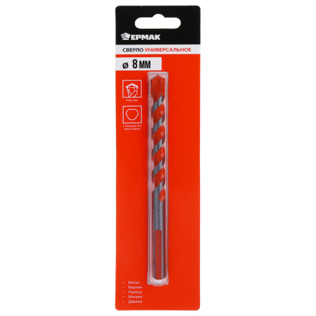 ЕРМАК Сверло универсальное 8мм, 3-хгранный хвостовик, резец bk6, стержень 40Cr