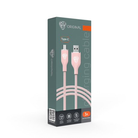 BY Кабель для зарядки Elite Type-C, 3А, 1м, Быстрая зарядка QC3.0, розовый