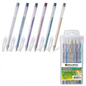 Ручка гелевая BRAUBERG "Jet", НАБОР 6шт, 0,7мм, чернила металлик, 0,7мм, европодвес, 141029