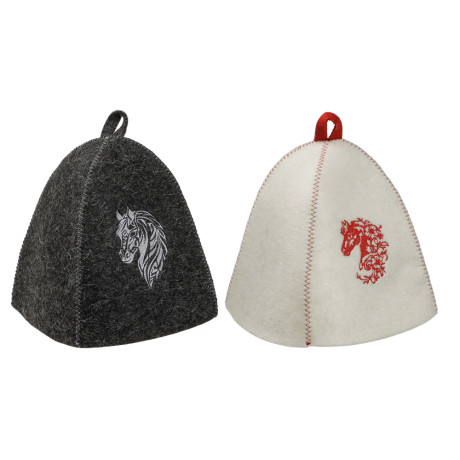 Шапка банная с вышивкой КОНЬ, войлок белый/серый