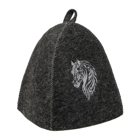 Шапка банная с вышивкой КОНЬ, войлок белый/серый