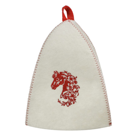 Шапка банная с вышивкой КОНЬ, войлок белый/серый