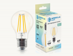 Ambrella лампа св/д ЛОН A60 E27 13W(1140lm) 4000K 4K 60х105 филамент (нитевидная) 601314
