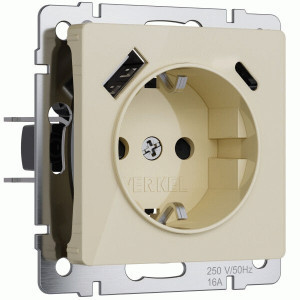 Werkel мех. роз. СУ 1 мест. 16А, земля, шторки,USB A+C(3А,5,9,12В) (айвори акрил) W1171743 a064131