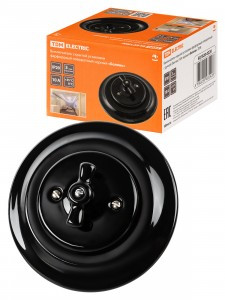 TDM Болонь Выкл СУ фарфор. поворот с ручкой (бантик) 10А черный Ретро SQ1820-0220