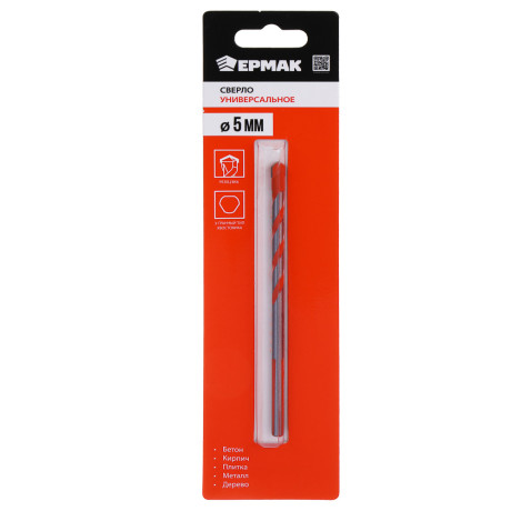 ЕРМАК Сверло универсальное 5мм, 3-хгранный хвостовик, резец bk6, стержень 40Cr