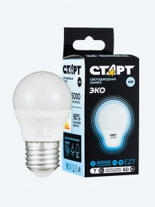 СТАРТ лампа св/д Шар G45 E27 7W(560lm) 4000K 4K 79x45 матов пласт/металл холодный свет WS 17260