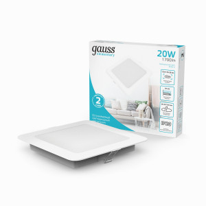 Gauss Elementary Downlight св-к встр. даунлайт квадрат бел 20W 1700lm 4000K 4K IP20 170x26 998420218