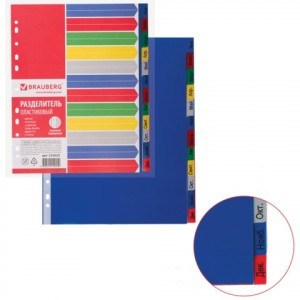 Разделитель пластиковый BRAUBERG, А4+, 12 листов, Январь-Декабрь, оглавление, цветной, Россия 225625