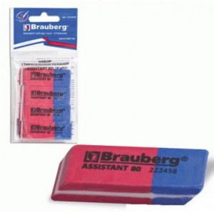 Набор резинок стир. BRAUBERG "Assistant 80" 4 шт., 41х14х8мм, цв. крас/син, в уп. с подвесом, 222458