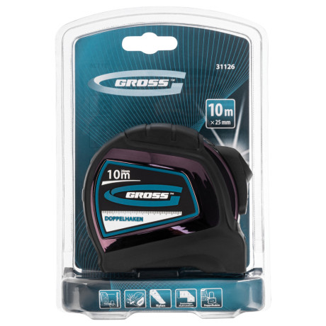 Рулетка "Doppelhaken",10 м x 25 мм,двухсторонний зацеп,Нейлон,двусторонняя шкала,автоматическая фиксация Gross