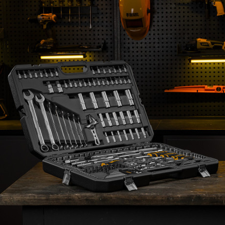 Набор инструментов, 1/2", 1/4", 3/8", CrV, S2, пластиковый кейс, 216 предметов Denzel