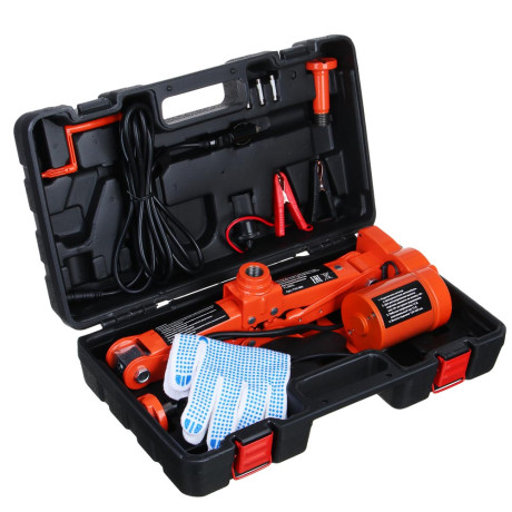 ЕРМАК Домкрат электрический 3 т, 12В, 120-420 мм, 100 Вт, в кейсе, х/б перчатки с ПВХ