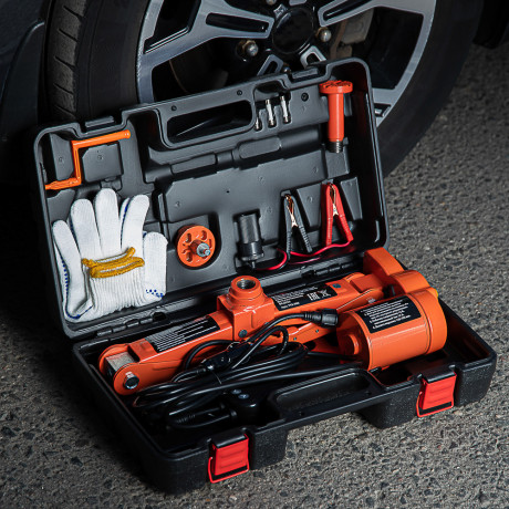 ЕРМАК Домкрат электрический 3 т, 12В, 120-420 мм, 100 Вт, в кейсе, х/б перчатки с ПВХ