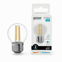 Gauss Elementary Filament Шар Е27 10W(670lm) 4100К 76х45 филамент (нитевидная), прозр 52220
