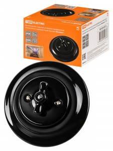 TDM Болонь Выкл СУ фарфор. поворот перекрёстный с ручкой (бантик) 10А черный Ретро «БолонSQ1820-0215