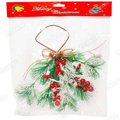 Еловая Ветка К329 снежная 27см с маленькими шишками, колокольчиками и грибами(144)