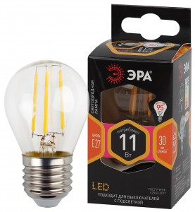ЭРА F-LED шар G45 E27 11W(930Lm) 2700K 2K филамент (нитевидная) прозр. 75х45 P45-11W-827-E27 4680