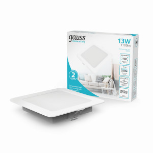 Gauss Elementary Downlight св-к встр. даунлайт квадрат бел 13W 1100lm 4000K 4K IP20 145x26 998420212