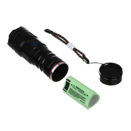 Фонарь ручной, LED, 5 реж, 55х157мм, алюм, съем аккум. 1х38650, фокус, 5 линз, дальн 800 м, 1380 лм