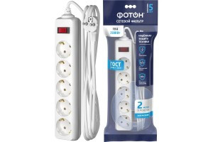 ФОТОН Сетевой фильтр (удл.) ПВС 3x0,75 5роз. 2м. 10А земля, кноп.выкл, негорюч, белый 25374