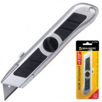 Нож универс. мощный BRAUBERG, металлический корпус, фиксатор, лезвие-трапеция, + 5 лезвий, 235403