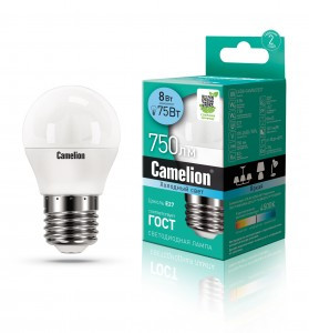 Camelion Шар G45 E27 8W(750lm 220°) 4500K 4K матов. 88x46 пластик LED8-G45/845/E27