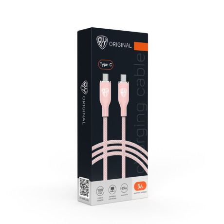 BY Кабель для зарядки Elite Type-C - Type-C, 1м, 5А, 65W, быстрая зарядка PD, розовый