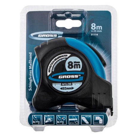 Рулетка "Schlagfest",8 м x 25 мм,магнитный обрезиненный зацеп,двусторонняя шкала,Нейлоновое покрытие,автоматическая фиксация Gross