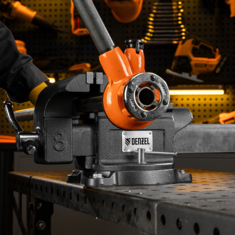 Тиски слесарные BVH-200, 200 мм, поворотные, стальная направляющая, с наковальней //Denzel