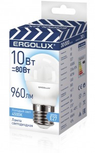 Ergolux ПРОМО шар G45 E27 10W(960lm 220°) 4500K 4K матовая 84x46 пластик/алюм. LED-G45-10W-E27-4K