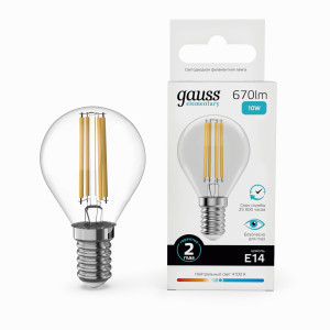 Gauss Elementary Filament Шар Е14 10W(670lm) 4100К 78х45  филамент (нитевидная), прозр 52120