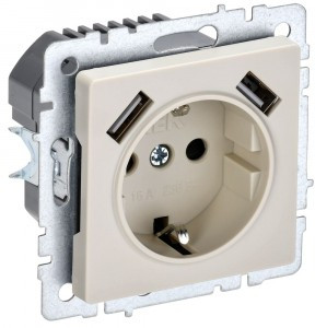IEK BRITE мех. роз. СУ земля, штор. 16А с USB A+A 3,1А РЮш10-2-БрКр беж. BR-R14-16-U21-D31-K10