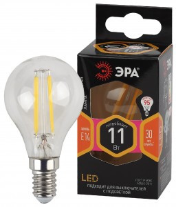 ЭРА F-LED шар G45 E14 11W(1430Lm) 2700K 2K филамент (нитевидная) прозр. 75х45 P45-11W-827-E14 4659