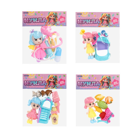 ИГРОЛЕНД Кукла с аксессуарами для игры в пакете, ABS, PP, 14х3х19 см, 4 дизайна