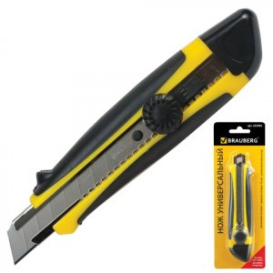 Нож универс. 18 мм BRAUBERG, роликовый фиксатор, резиновые вставки, блистер, 235402