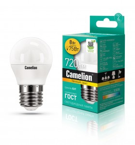 Camelion Шар G45 E27 8W(720lm 220°) 3000K 2K матов. 88x46 пластик LED8-G45/830/E27