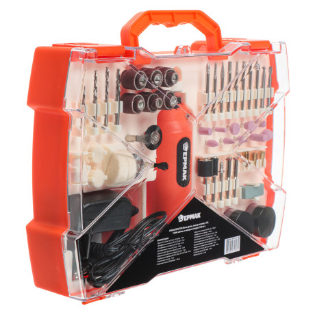 ЕРМАК Мини дрель, гравер, сетевой, 12В, 15000 об/мин, с набором насадок (160 шт.)