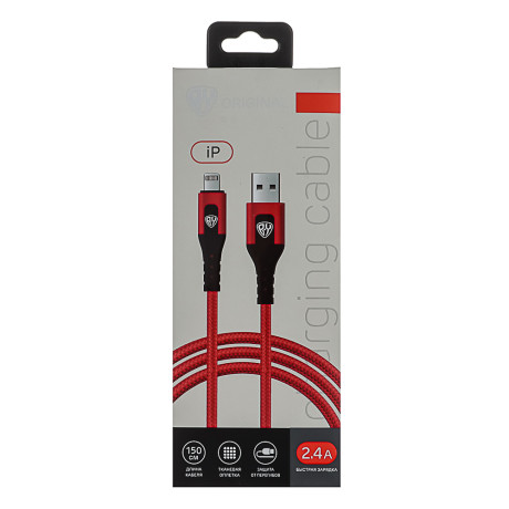 BY Кабель для зарядки Satiny iP, 1,5м, Быстрая зарядка 2.4А, 12W, тканевый, красный